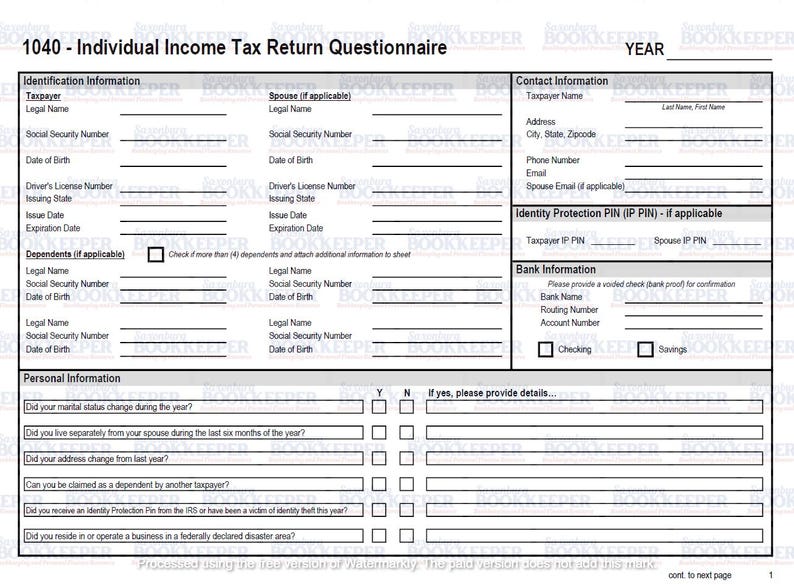 1040 Tax Questionnaire - Etsy