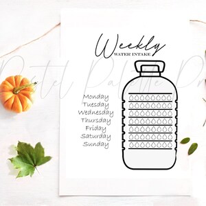 Pode incluir: Uma impressão branca com um contorno preto de uma garrafa de água, intitulada "Weekly Water Intake". O gráfico da garrafa é dividido em seções para cada dia da semana, com espaço para rastrear o consumo de água. Uma pequena abóbora, folhas e barbante são dispostos ao redor da impressão.