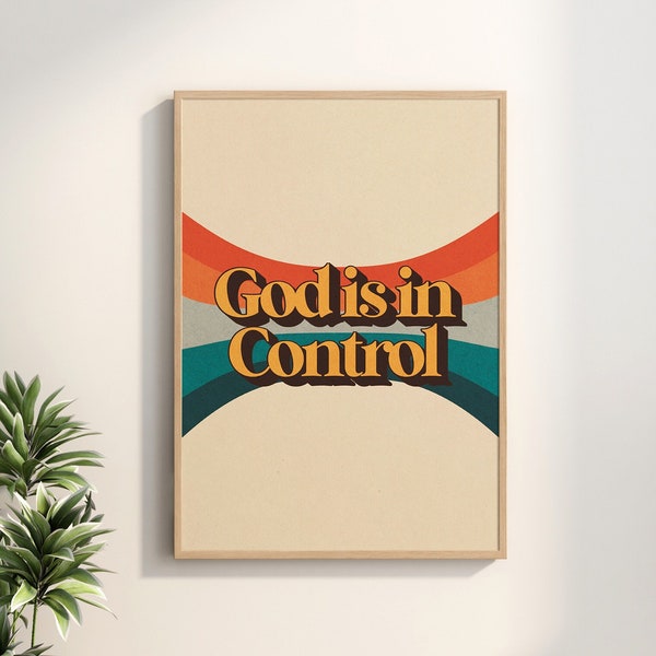 God is in Control, Retro Printable Wall Art, Trendy Wall Print Download, Vintage Posters, Vintage Christian Art, 70s Art Print
