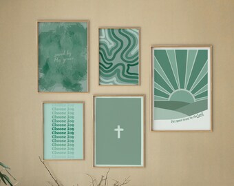Green Christian Wall Art Prints, Set of 5 (Digital Download)