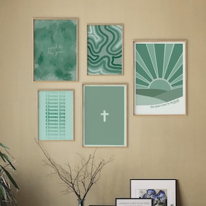 Green Christian Wall Art, Large Christian Wall Art, Trendy Wall Print Download, Colorful Art Downloadable, Green Set of 5 Prints, Wall Art