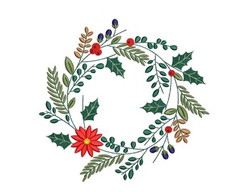 Merry Christmas Wreath Winter Xmas Embroidery Design, 5 sizes, Instant Download
