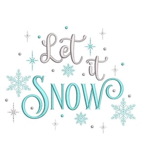 Può includere: Testo "Let it snow" in argento con fiocchi di neve e stelle blu su sfondo bianco.