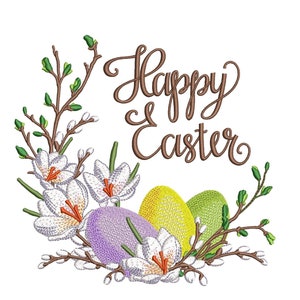 May include: Happy Easter greeting with a wreath of white flowers, green leaves, and brown branches. Three Easter eggs are nestled in the wreath, one purple, one yellow, and one green.
