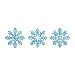 May include: Three blue snowflake designs, each with a different number of points and a central circle.