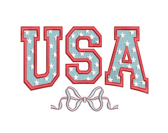 May include: USA with a red outline and a blue background with white stars. A red bow with blue ribbon tails is below the text.