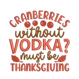 May include: Cranberries without vodka? Must be Thanksgiving. This is a funny saying about Thanksgiving with a red and brown color scheme.