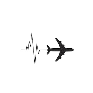 Puede incluir: Una silueta negra de un avión con una línea de latido del corazón que se extiende desde la cola del avión.