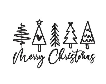 Merry Christmas Embroidery Design, Christmas Trees Machine Embroidery File, 4 sizes, Instant Download