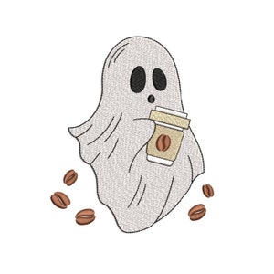 May include: A cartoon ghost holding a cup of coffee with coffee beans scattered around it.