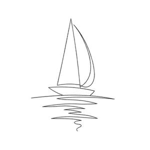 Könnte beinhalten: Eine minimalistische Strichzeichnung eines Segelboots auf dem Wasser. Das Boot hat ein dreieckiges Segel und eine gebogene Fock. Das Wasser wird durch wellenförmige Linien dargestellt, und das Bild ist in Schwarzweiß gehalten.