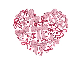 Heart Coquette Bow Valentine Embroidery Design, 3 sizes, Instant Download