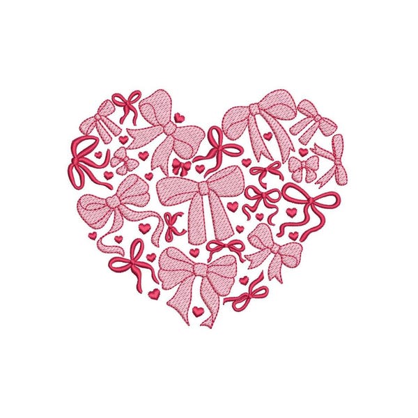 Heart Coquette Bow Valentine Embroidery Design, 3 sizes, Instant Download