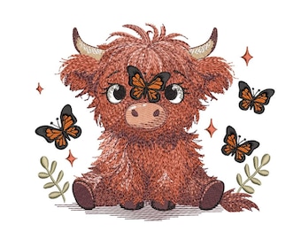 Baby Highland Cow with Butterflies Embroidery Design, 2 sizes, Instant Download