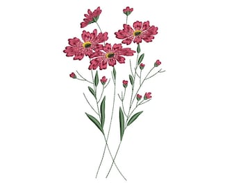 May include: A bouquet of pink flowers with green stems and leaves. The flowers have a delicate, embroidered look.