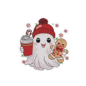Può includere: Un fantasma bianco con un cappello da Babbo Natale rosso e che tiene una tazza di cioccolata calda con una canna di zucchero e un omino di pan di zenzero.