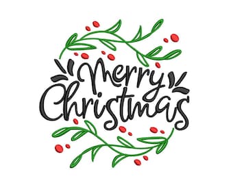 Merry Christmas Wreath Xmas Winter Embroidery Design, 3 sizes, Instant Download