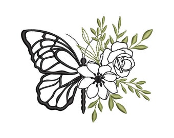 Flower Butterfly Embroidery Design, 3 sizes, Instant Download