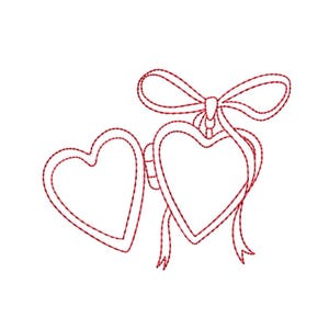 May include: Red embroidered design of two heart-shaped lockets, one open and one closed, connected by a bow and ribbon. The design is on a white background, suitable for Valentine's Day or romantic themes.