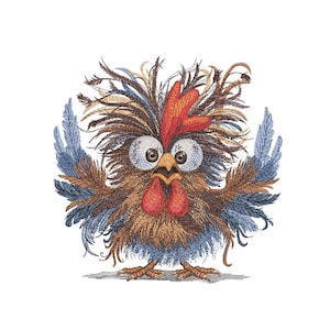 May include: A cartoon rooster with a brown body, blue wings, and a red comb and wattle. The rooster has wild, messy feathers and large, round eyes.