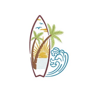 Surf Palm Tree Ocean Waves Embroidery Design, Summer Holiday Embroidery Design, 3 sizes, Instant Download