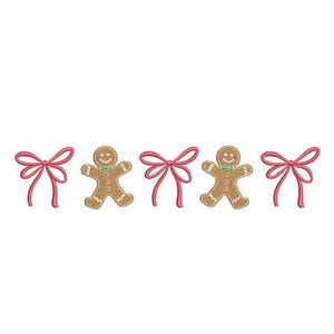 May include: A festive design featuring embroidered gingerbread men and pink bows. The gingerbread men have smiling faces, green bow ties, and pink buttons. The bows are a vibrant pink color. This design is perfect for holiday crafts.
