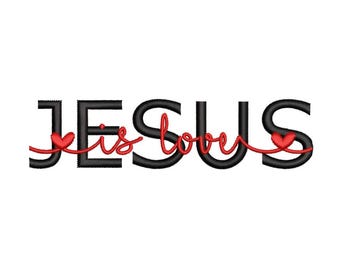 Diseño bordado con frase "Jesús es amor" y corazón, 3 tamaños, descarga instantánea.