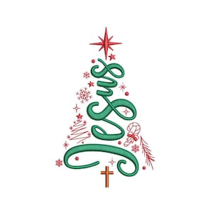 May include: A Christmas tree design with the word "Jesus" in green script, adorned with red stars, snowflakes, and a candy cane. A gold cross is at the base, and a red star tops the tree. The design is on a white background.