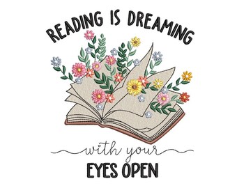 Lezen is dromen met ogen open borduurontwerp, 3 maten, direct downloaden