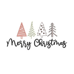 Merry Christmas Embroidery Design, Christmas TreesMachine Embroidery Files 4 sizes, Instant Download