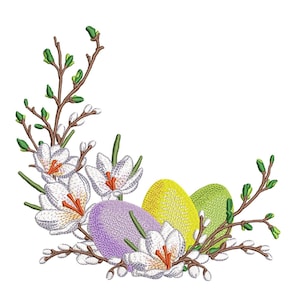 Easter Frame with Flowers and Eggs Embroidery Design, 3 sizes, Instant Download