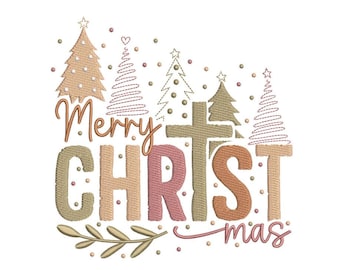 Merry Christmas Embroidery Design, Christmas Trees Embroidery Design, 4 sizes, Instant Download