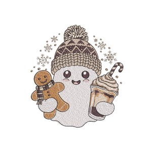 Może przedstawiać: Uroczy kreskówkowy duch w brązowo-białym dzianinowym kapeluszu z pomponem, trzymający piernikowego ludzika i czekoladowy milkshake z cukierkiem. Duch jest otoczony przez płatki śniegu.