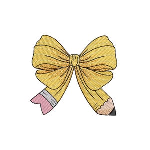 以下が含まれることがあります： ピンクの消しゴムが付いた黄色の鉛筆の蝶ネクタイ。蝶ネクタイは結び目があり、鉛筆は尖っています。