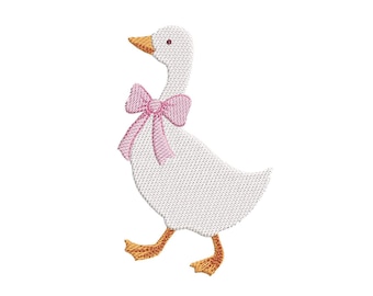Borduurpatroon van een gans met strik, 6 maten, direct te downloaden.