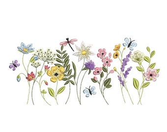 May include: Embroidered design of a colorful wildflower meadow with butterflies and dragonflies. The flowers are pink, yellow, blue, white, and purple.
