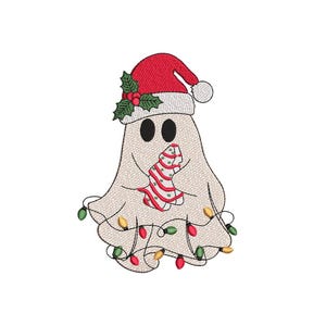 May include: A white ghost wearing a red Santa hat with holly and holding a wrapped gift. The ghost is surrounded by green and red Christmas lights.