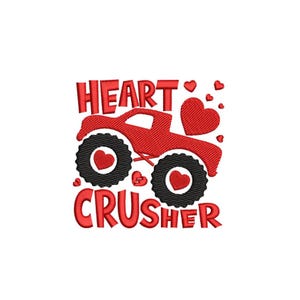 May include: Red monster truck with the text "HEART CRUSHER" and a red heart above the truck. There are small red hearts scattered around the truck.