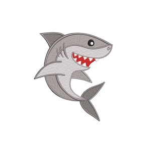 Könnte beinhalten: Ein grauer Cartoon-Hai mit weißem Bauch und roten Zähnen springt aus dem Wasser. Der Hai hat ein breites Grinsen und schaut nach rechts.