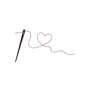 May include: A black needle with red thread forming a heart shape. The needle is angled to the left, with the thread extending to the right, creating a simple, yet elegant design on a white background. The thread is red and white.