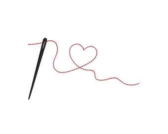 Ricamo a macchina a forma di cuore con ago e filo, 4 misure, download immediato.