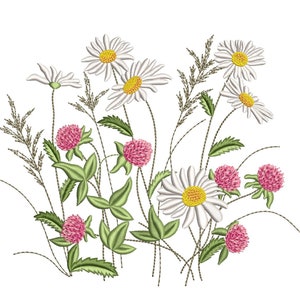 Sommerwiese Blumen Stickerei Design, Gänseblümchen und Klee Stickdatei, 4 Größen, Instant Download