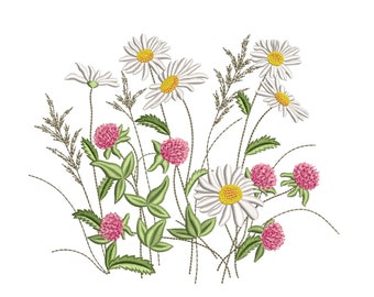 Diseño de bordado de flores de pradera de verano, archivo de bordado de margaritas y tréboles, 4 tamaños, descarga instantánea