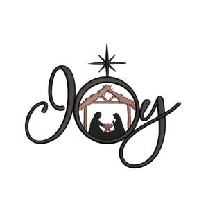 May include: Black embroidered design with the word "Joy" in a cursive font. The letter "O" forms a circle framing a nativity scene with a star above. The nativity scene features silhouettes of Mary, Joseph, and baby Jesus.