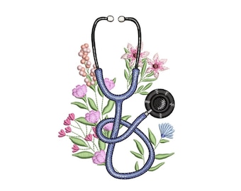 Diseño de bordado de enfermera floral, diseño de bordado de estetoscopio, 3 tamaños, descarga instantánea