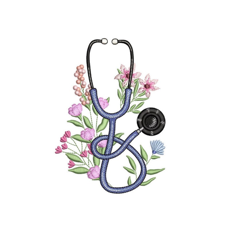 Puede incluir: Dise&ntilde;o bordado de un estetoscopio azul y negro, entrelazado con un ramo de flores rosas, moradas y azules y hojas verdes. El instrumento m&eacute;dico es un s&iacute;mbolo de la atenci&oacute;n m&eacute;dica y est&aacute; rodeado de elementos florales.