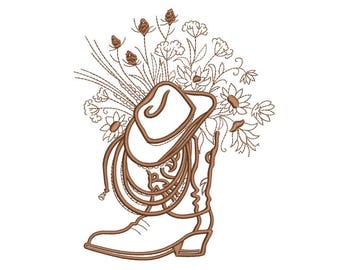 Cowboy's Boots Hat Howdy Western Floral Embroidery Design, 4 sizes, Instant Download