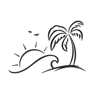 Sun Palm Tree Ocean Waves Embroidery Design, Summertime Embroidery Design, 4 sizes, Instant Download