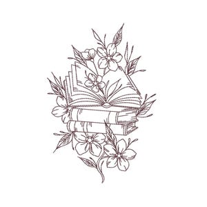 May include: A line drawing of a stack of books with an open book on top, surrounded by flowers and leaves. The illustration is in a dark brown color, set against a white background. The design has a delicate, hand-drawn aesthetic.