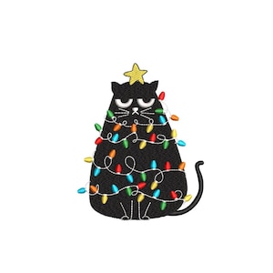 May include: A black cat with a yellow star on its head is wrapped in colorful Christmas lights.